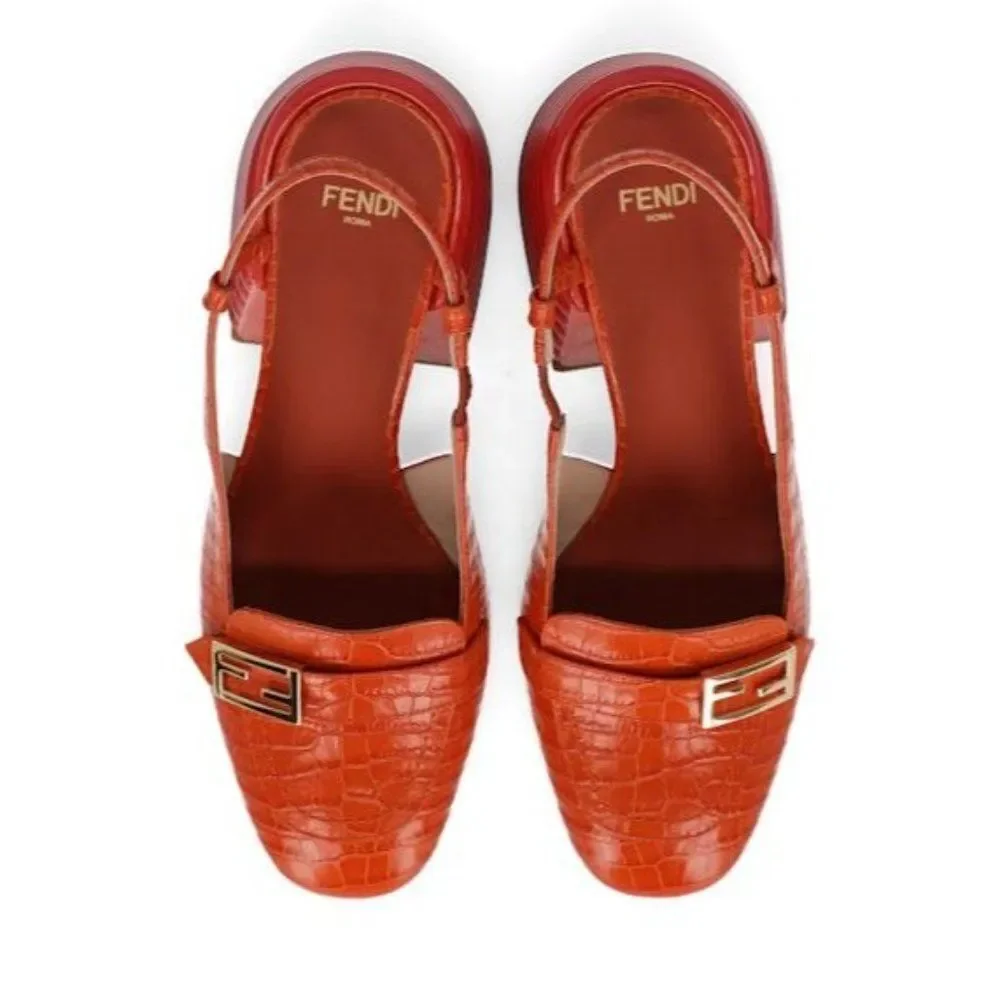 FENDI Orange Rust Runway Croc Effect FF Logo Buckle Slingback Pumps Size… - Picture 4 of 16